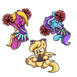 Size: 2600x2600 | Tagged: safe, artist:sugar morning, oc, oc only, oc:amber streak, oc:bright star, oc:untitled work, pegasus, pony, unicorn, bow, cheering, cheerleader, chibi, clothes, commission, concentrating, cute, female, happy, high res, jumping, mare, nintendo switch, playing, simple background, sitting, switch controller, tongue out, transparent background