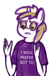Size: 397x569 | Tagged: safe, artist:deserter, derpibooru exclusive, dinky hooves, unicorn, anthro, g4, clothes, context is for the weak, frown, i would prefer not to, shirt, shitposting, simple background, sketch, slavoj zizek, white background