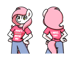 Size: 2560x2048 | Tagged: safe, artist:sugar morning, oc, oc only, oc:sugar morning, anthro, clothes, dreamworks face, female, high res, mare, meme, pants, shirt, simple background, solo, standing, text, transparent background