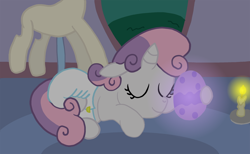 Size: 1280x788 | Tagged: safe, artist:sweetielover, sweetie belle, pony, unicorn, g4, candle, carpet, dark background, diaper, diaper fetish, dragon egg, egg, female, fetish, filly, foal, non-baby in diaper, sleeping, solo