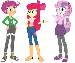 Size: 1040x877 | Tagged: safe, artist:lhenao, edit, editor:thomasfan45, apple bloom, scootaloo, sweetie belle, equestria girls, g4, adorabloom, apple bloom's bow, bare shoulders, belt, blouse, boots, bow, bracelet, clothes, converse, cute, cutealoo, cutie mark, cutie mark crusaders, cutie mark on clothes, diasweetes, female, hair bow, hairband, hand on hip, hoodie, jeans, jewelry, miniskirt, older, older apple bloom, older scootaloo, older sweetie belle, open mouth, pants, pantyhose, shoes, simple background, skirt, smiling, the cmc's cutie marks, trio, trio female, vector, white background