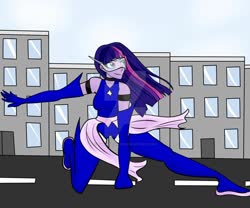 Size: 1280x1067 | Tagged: safe, artist:gazinglights, twilight sparkle, human, equestria girls, g4, boots, clothes, deviantart watermark, female, giantess, gloves, long gloves, macro, magic gaia, obtrusive watermark, shoes, superhero, thigh boots, watermark