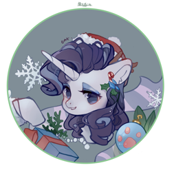 Size: 2008x2008 | Tagged: dead source, safe, artist:小huhu狸君呀, rarity, pony, unicorn, g4, christmas, christmas ornament, decoration, female, hat, high res, holiday, looking at you, mare, present, santa hat, snow, snowflake, solo