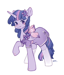 Size: 2480x2900 | Tagged: dead source, safe, artist:小huhu狸君呀, twilight sparkle, alicorn, pony, g4, blushing, cheongsam, clothes, dress, female, high res, limited palette, looking at you, mare, simple background, socks, solo, standing, twilight sparkle (alicorn), white background