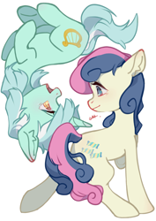 Size: 2480x3508 | Tagged: dead source, safe, artist:小huhu狸君呀, bon bon, lyra heartstrings, sweetie drops, earth pony, pony, unicorn, g4, duo, female, high res, lesbian, looking at each other, mare, open mouth, ship:lyrabon, shipping, simple background, upside down, white background
