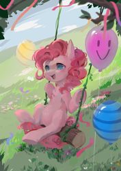 Size: 2479x3508 | Tagged: dead source, safe, artist:小huhu狸君呀, pinkie pie, earth pony, pony, g4, balloon, chest fluff, cute, diapinkes, female, high res, mare, open mouth, sitting, smiling, solo, streamers, swing