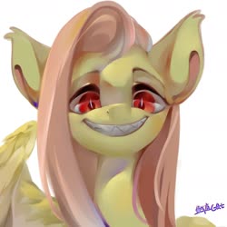 Size: 2008x2008 | Tagged: dead source, safe, alternate version, artist:小huhu狸君呀, fluttershy, bat pony, pegasus, pony, g4, bat ponified, blood, creepy, creepy smile, female, flutterbat, grin, high res, looking at you, mare, race swap, shark teeth, sharp teeth, simple background, smiling, solo, teeth, white background