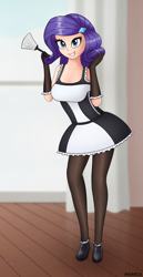Size: 1202x2322 | Tagged: safe, artist:irisarco, rarity, human, g4, breasts, clothes, curtains, cute, duster, female, french maid, gloves, humanized, looking at you, maid, miniskirt, pantyhose, room, sexy, shoes, skirt, smiling, socks, solo, standing, thigh highs, window