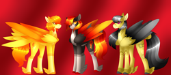 Size: 5368x2366 | Tagged: safe, artist:nobleclay, daring do, spitfire, oc, oc:bonfire, pegasus, pony, g4, daringfire, feathered fetlocks, magical lesbian spawn, offspring, parent:daring do, parent:spitfire, parents:daringfire, tail feathers, two toned wings, wings