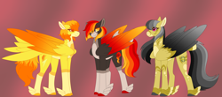 Size: 5368x2366 | Tagged: safe, alternate version, artist:nobleclay, daring do, spitfire, oc, oc:bonfire, pegasus, pony, g4, daringfire, feathered fetlocks, magical lesbian spawn, offspring, parent:daring do, parent:spitfire, parents:daringfire, tail feathers, two toned wings, wings