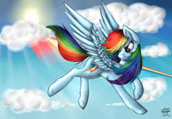 Size: 2943x2037 | Tagged: safe, artist:starmoonlightfox, rainbow dash, pegasus, pony, g4, cloud, female, flying, high res, hooves, mare, rainbow trail, redraw, sky, smiling, smirk, solo, spread wings, sun, wings