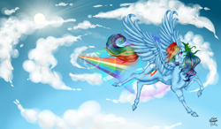 Size: 3206x1870 | Tagged: safe, artist:starmoonlightfox, rainbow dash, pegasus, pony, g4, beautiful, cloud, female, flying, hooves, mare, rainbow trail, redraw, sky, smiling, smirk, solo, spread wings, sun, wings