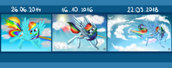 Size: 3872x1549 | Tagged: safe, artist:starmoonlightfox, rainbow dash, pegasus, pony, g4, beautiful, cloud, comparison, draw this again, female, flying, hooves, mare, rainbow trail, redraw, sky, smiling, smirk, solo, spread wings, sun, wings