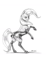 Size: 1000x1269 | Tagged: safe, artist:baron engel, trixie, pony, unicorn, g4, backless, black dress, boots, butt, clothes, dress, female, grayscale, leather, leather boots, little black dress, mare, monochrome, pencil drawing, plot, rearing, shoes, simple background, solo, traditional art, white background