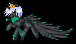 Size: 850x500 | Tagged: safe, artist:-censored-, oc, oc only, pegasus, pony, black background, black sclera, clothes, crown, jewelry, male, pegasus oc, raised hoof, red eyes, regalia, scarf, simple background, solo, sombra eyes, stallion, wings