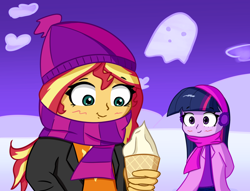 Size: 3102x2365 | Tagged: safe, artist:artiks, sunset shimmer, twilight sparkle, equestria girls, g4, clothes, duo, female, food, high res, ice cream, scarf, snow