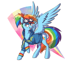 Size: 1200x974 | Tagged: safe, artist:spetu, kotobukiya, rainbow dash, pegasus, pony, g4, abstract background, alternate hairstyle, clothes, female, goggles, grin, hoodie, jacket, kotobukiya rainbow dash, lightning, mare, ponified, ponytail, raised hoof, simple background, smiling, solo, spread wings, wings
