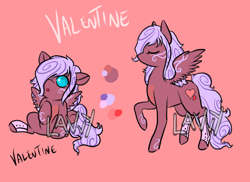 Size: 1100x800 | Tagged: safe, artist:lavvythejackalope, oc, oc only, oc:valentine, pegasus, pony, :o, baby, baby pony, duo, eyes closed, hair over one eye, open mouth, pegasus oc, raised hoof, reference sheet, simple background, sitting, tattoo, text, underhoof, wings