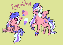 Size: 1100x800 | Tagged: safe, artist:lavvythejackalope, oc, oc only, oc:ribbon hat, pegasus, pony, :o, baby, baby pony, bow, duo, eyes closed, hair over one eye, open mouth, pegasus oc, raised hoof, reference sheet, simple background, sitting, tail bow, tattoo, text, underhoof, wings