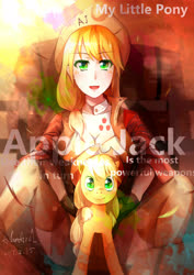 Size: 2480x3507 | Tagged: dead source, safe, artist:adamarc1, applejack, earth pony, human, pony, g4, female, high res, humanized, looking at you, mare