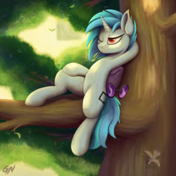 Size: 1500x1500 | Tagged: safe, artist:foxpit, dj pon-3, vinyl scratch, bird, pony, unicorn, g4, female, in a tree, leaves, mare, red eyes, sitting, sitting in a tree, solo, straw in mouth, tree, tree branch