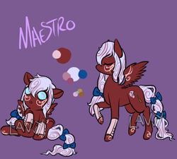 Size: 1000x900 | Tagged: safe, artist:lavvythejackalope, oc, oc only, oc:maestro, pegasus, pony, :o, baby, baby pony, bow, duo, eyes closed, leg warmers, open mouth, pegasus oc, raised hoof, reference sheet, simple background, sitting, tail bow, tattoo, text, underhoof, wide eyes, wings