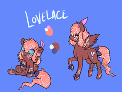 Size: 1200x900 | Tagged: safe, artist:lavvythejackalope, oc, oc only, oc:lovelace, pegasus, pony, :o, baby, baby pony, bow, duo, eyes closed, open mouth, pegasus oc, raised hoof, reference sheet, simple background, sitting, tail bow, tattoo, text, underhoof, wide eyes, wings