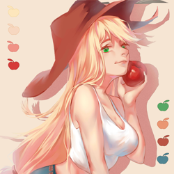 Size: 2000x2000 | Tagged: dead source, safe, artist:闷骚少女初窗, applejack, human, g4, apple, breasts, busty applejack, clothes, cowboy hat, female, food, hat, high res, humanized, sleeveless, solo, tank top