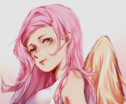 Size: 2200x1800 | Tagged: dead source, safe, artist:闷骚少女初窗, fluttershy, human, g4, breasts, busty fluttershy, female, humanized, looking at you, simple background, solo, winged humanization, wings