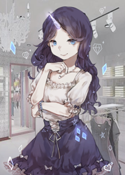 Size: 1000x1400 | Tagged: dead source, safe, artist:_破裂之星_, rarity, human, g4, beautiful, clothes, cute, female, horn, horned humanization, humanized, looking at you, miniskirt, moe, raribetes, skirt, solo