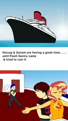 Size: 720x1280 | Tagged: safe, edit, flash sentry, sunset shimmer, human, equestria girls, g4, crossover, crossover shipping, hiccup horrendous the third, how to train your dragon, ocean liner, ponied up, recorder, ship, shipping