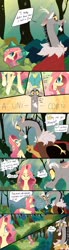 Size: 1024x3718 | Tagged: safe, artist:sansdy, discord, fluttershy, draconequus, pony, unicorn, g4, bush, clothes, comic, cute, discord (g5), discute, female, fluttershy (g5 concept leak), forest, g5 concept leak style, g5 concept leaks, grass, mare, redesign, scared, tree, tsundere, unicorn fluttershy