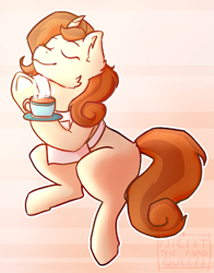 Size: 1957x2491 | Tagged: safe, artist:night_the_mad_queen, cinnamon chai, pony, g4, abstract background, apron, background pony, clothes, cup, cute, eyes closed, food, tea, teacup