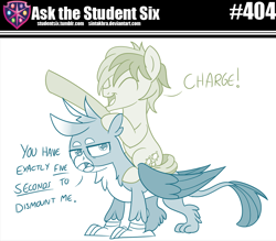 Size: 800x700 | Tagged: safe, artist:sintakhra, gallus, sandbar, griffon, pony, tumblr:studentsix, g4, duo, gallus is not amused, male, ponies riding griffons, riding, this will not end well, unamused