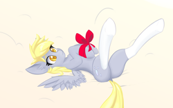 Size: 2804x1763 | Tagged: safe, artist:owlnon, derpy hooves, pegasus, pony, g4, butt, clothes, dock, female, mare, on back, plot, ribbon, socks, solo, spread wings, thigh highs, underhoof, white socks, wings