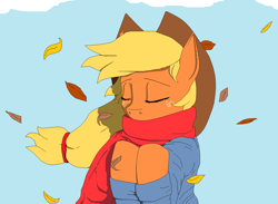 Size: 1334x976 | Tagged: safe, artist:stevethebrony, applejack, earth pony, pony, g4, applejack's hat, autumn, blue background, clothes, cowboy hat, eyes closed, falling leaves, female, hat, leaves, scarf, simple background, solo