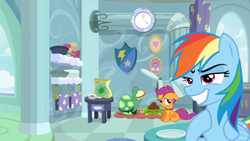 Size: 1280x720 | Tagged: safe, edit, edited screencap, screencap, rainbow dash, scootaloo, tank, pegasus, pony, g4, secrets and pies, collar, female, mare, needs more jpeg, op isn't even trying anymore, pet food, rainbow dash's house, rainbow douche, scootapet, sitting