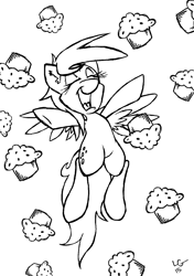 Size: 2280x3240 | Tagged: safe, artist:lucas_gaxiola, derpy hooves, pegasus, pony, g4, eyes closed, female, food, high res, lineart, mare, monochrome, muffin, open mouth, signature, smiling, solo