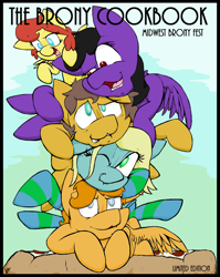 Size: 2550x3200 | Tagged: safe, alternate version, artist:lucas_gaxiola, oc, oc only, oc:charmed clover, oc:chit chat, oc:the brony chef, earth pony, pegasus, pony, colored, earth pony oc, female, high res, male, mare, midwest brony fest, pegasus oc, pony pile, signature, stallion, wings