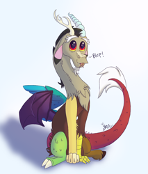 Size: 2000x2350 | Tagged: safe, artist:diamond06mlp, discord, draconequus, :p, chest fluff, cloven hooves, colored hooves, cute, dialogue, discute, floppy ears, innocent, leg fluff, male, neck fluff, puppy dog eyes, shadow, signature, simple background, sitting, smiling, solo, tongue out, unshorn fetlocks, white background