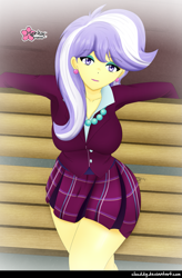 Size: 1057x1613 | Tagged: safe, artist:clouddg, upper crust, equestria girls, g4, my little pony equestria girls: friendship games, big breasts, breasts, busty upper crust, clothes, crystal prep academy uniform, female, jewelry, looking at you, multiple variants, necklace, plaid skirt, pleated skirt, school uniform, signature, skirt, solo