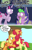 Size: 1080x1710 | Tagged: safe, artist:hoofclid, apple bloom, applejack, big macintosh, spike, twilight sparkle, alicorn, dragon, earth pony, pony, comic:magic mac, g4, comic, female, hug, male, panic, tree, twilight sparkle (alicorn)