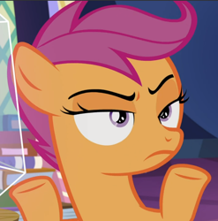 Size: 928x940 | Tagged: safe, screencap, scootaloo, pony, g4, growing up is hard to do, cropped, faic, female, hooves up, mismatched eyes, reaction image, scootaloo is not amused, solo, unamused