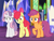 Size: 789x601 | Tagged: safe, screencap, apple bloom, scootaloo, sweetie belle, earth pony, pony, g4, growing up is hard to do, confused, cropped, cutie mark, cutie mark crusaders, female, friendship throne, older, older apple bloom, older cmc, older scootaloo, older sweetie belle, raised hoof, the cmc's cutie marks, trio