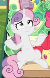 Size: 523x819 | Tagged: safe, screencap, sweetie belle, pony, unicorn, g4, growing up is hard to do, belly, cropped, female, horn, mare, older, older sweetie belle, sitting, smiling, solo, train