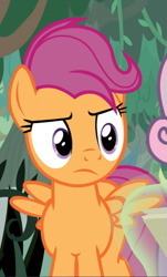 Size: 539x895 | Tagged: safe, screencap, scootaloo, sweetie belle, pegasus, pony, g4, growing up is hard to do, cropped, female, frown, magic, magic aura, mare, older, older scootaloo, solo, spread wings, telekinesis, wings