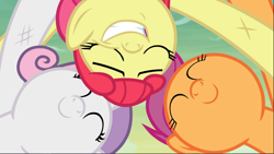 Size: 1668x940 | Tagged: safe, screencap, apple bloom, scootaloo, sweetie belle, pony, g4, growing up is hard to do, cropped, cute, cutie mark crusaders, eyes closed, female, huddle, older, older apple bloom, older cmc, older scootaloo, older sweetie belle, scratches, smiling