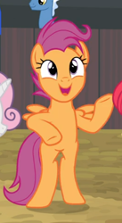 Size: 342x622 | Tagged: safe, screencap, apple bloom, pokey pierce, scootaloo, sweetie belle, pegasus, pony, unicorn, g4, growing up is hard to do, bipedal, cropped, female, male, offscreen character, older, older apple bloom, older scootaloo, older sweetie belle, open mouth, smiling, solo focus, stallion