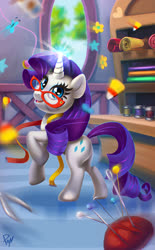 Size: 650x1047 | Tagged: safe, artist:mew, rarity, pony, g4, candy, candy corn, carousel boutique, fabric, food, glasses, measuring tape, rarity's glasses, scissors, sewing needle, solo