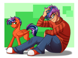 Size: 2365x1760 | Tagged: safe, artist:jack-pie, oc, oc only, oc:alexander, human, pegasus, pony, clothes, converse, cute, glasses, hair over one eye, handsome, human ponidox, humanized, looking at you, pants, self ponidox, shoes, signature, smiling, solo